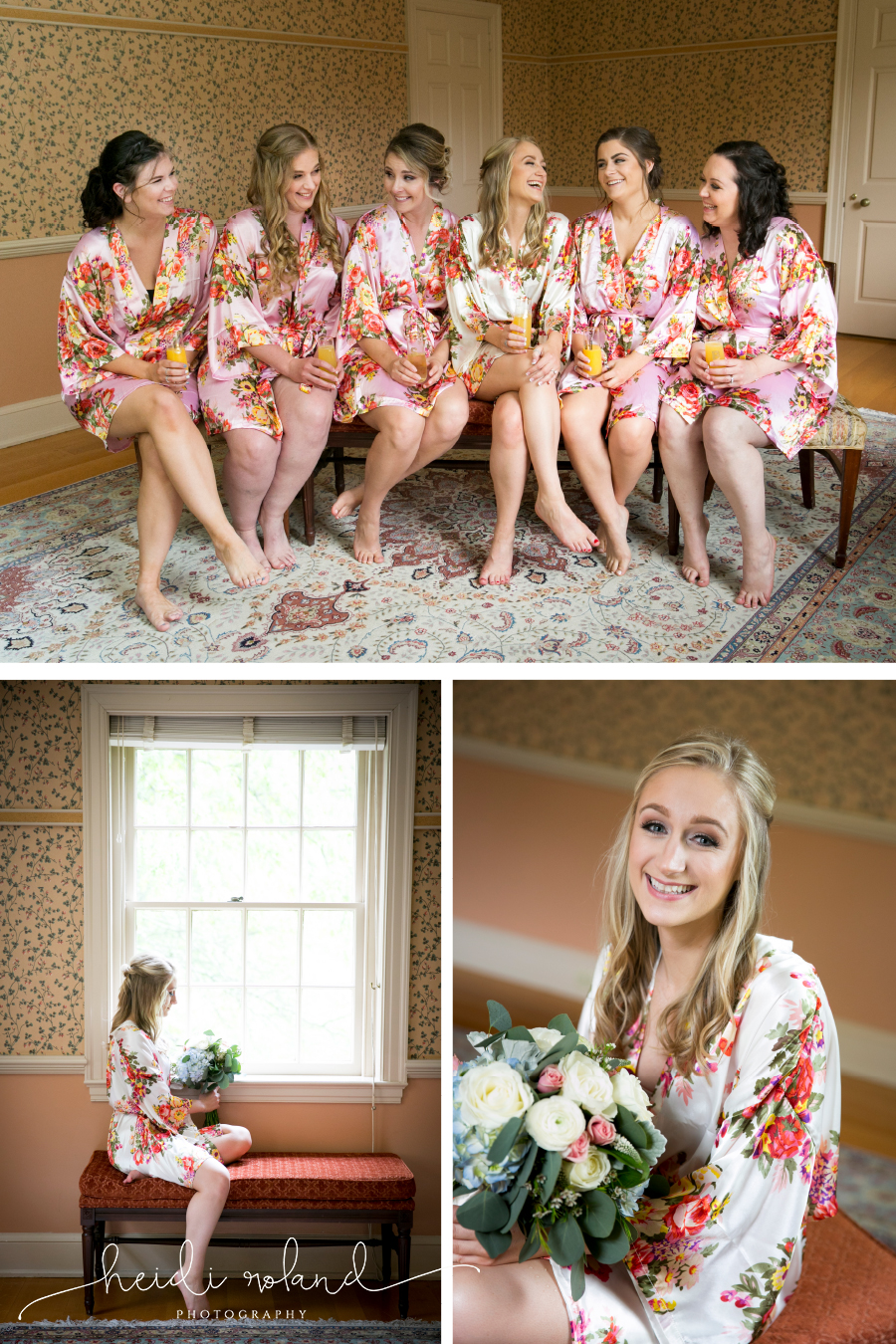 Bridesmaids in floral robes with mimosas