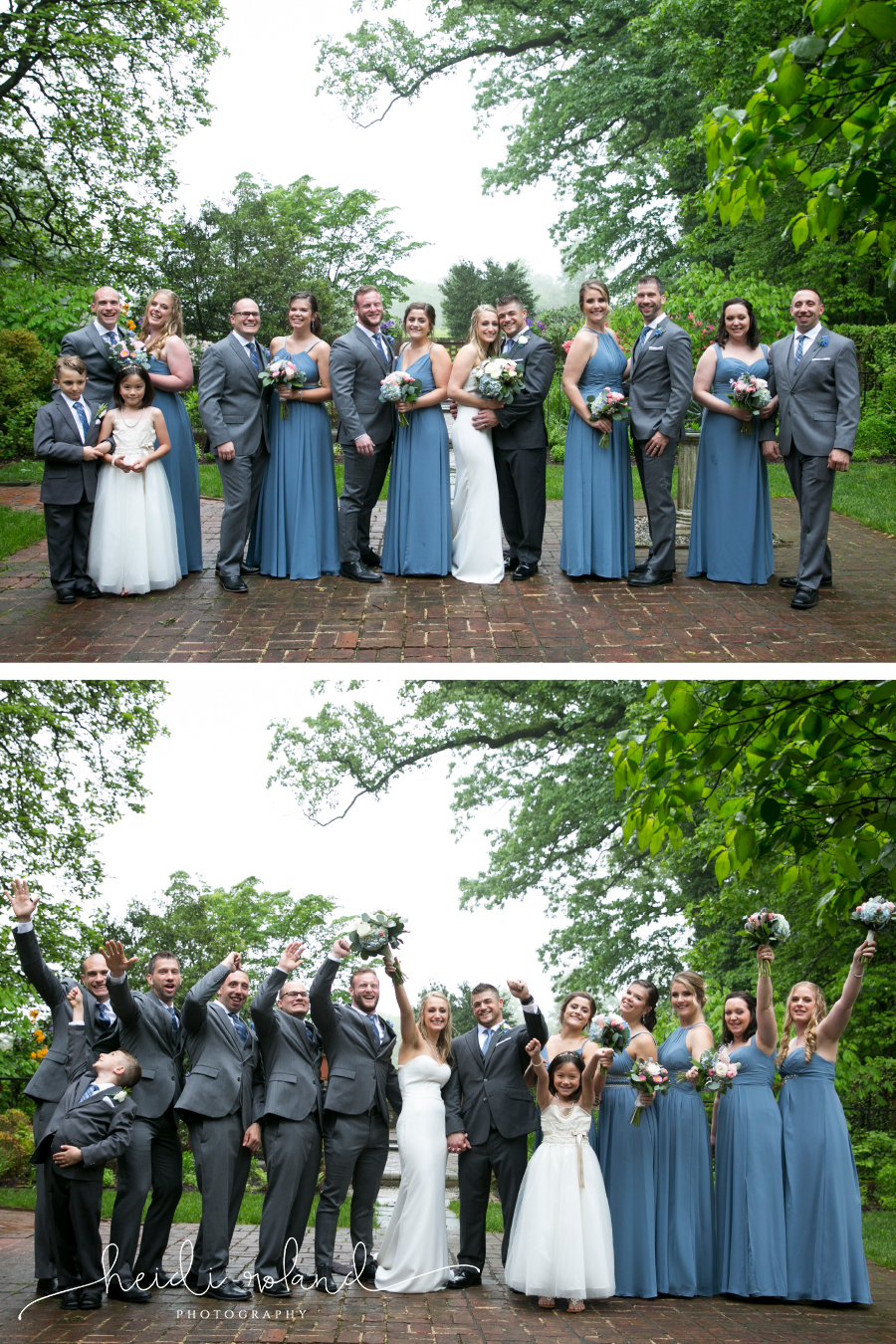 bridal party portraits, blue bridesmaid dresses with gray suits 