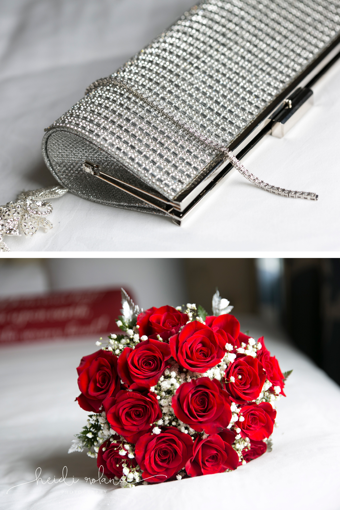 Red rose Bridal bouquet and sparkly clutch