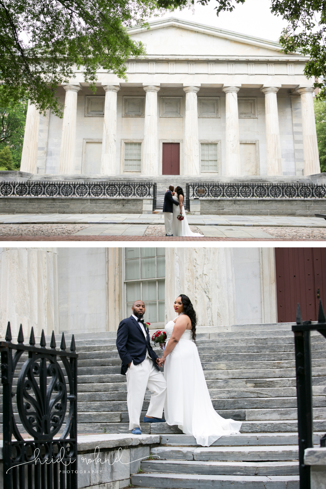 couples wedding photos at Second National Bank steps Philadelphia
