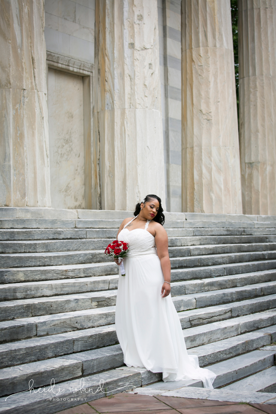 Bride glamour portraits in front of columns at Second National Bank