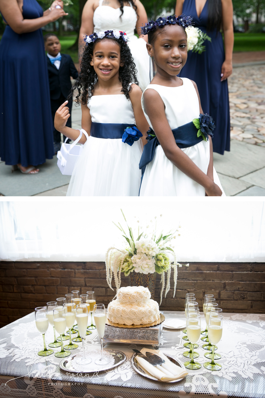 Flower girls crowns and wedding cake 
