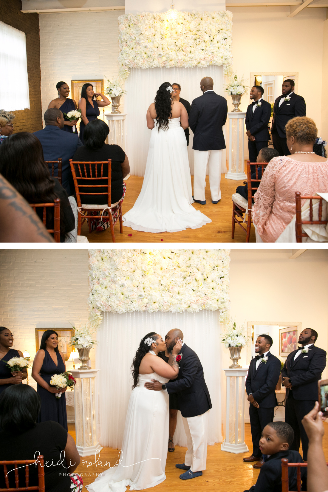 Bride and groom first kiss intimate Philadelphia wedding