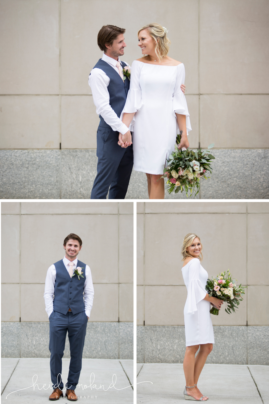 Groom in vest, bride in cocktail dress