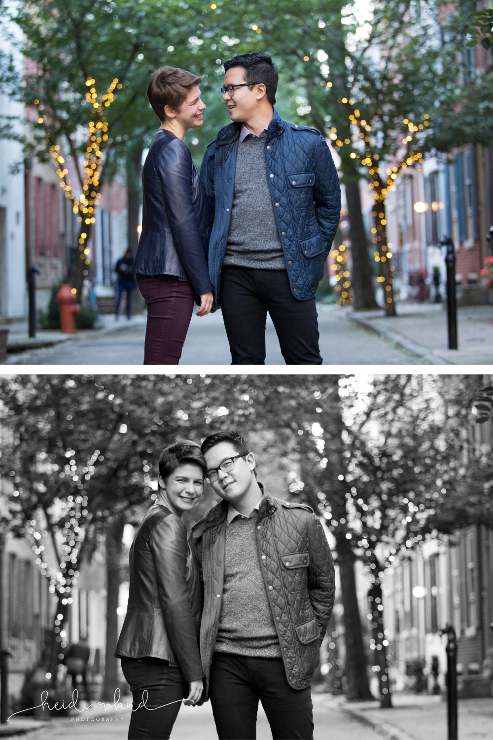 Tree-lined streets with twinkle lights engagement session