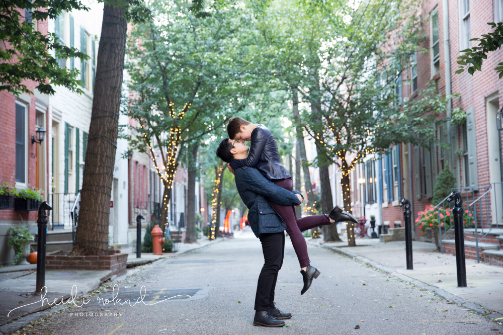 couples photos on pretty Philadelphia street 