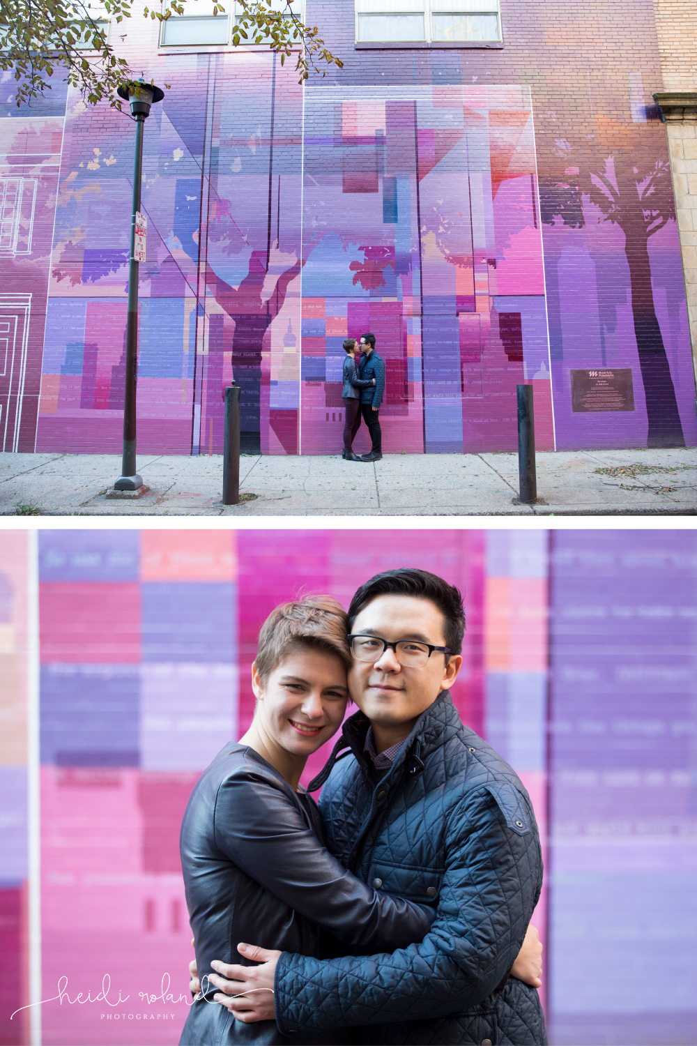 Engagement session with pink and purple mural 