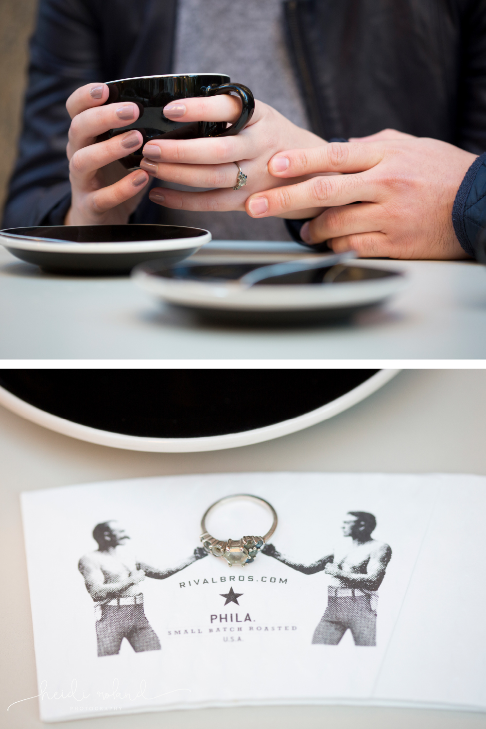 bario neal engagement ring at rival brother coffee shop engagement session