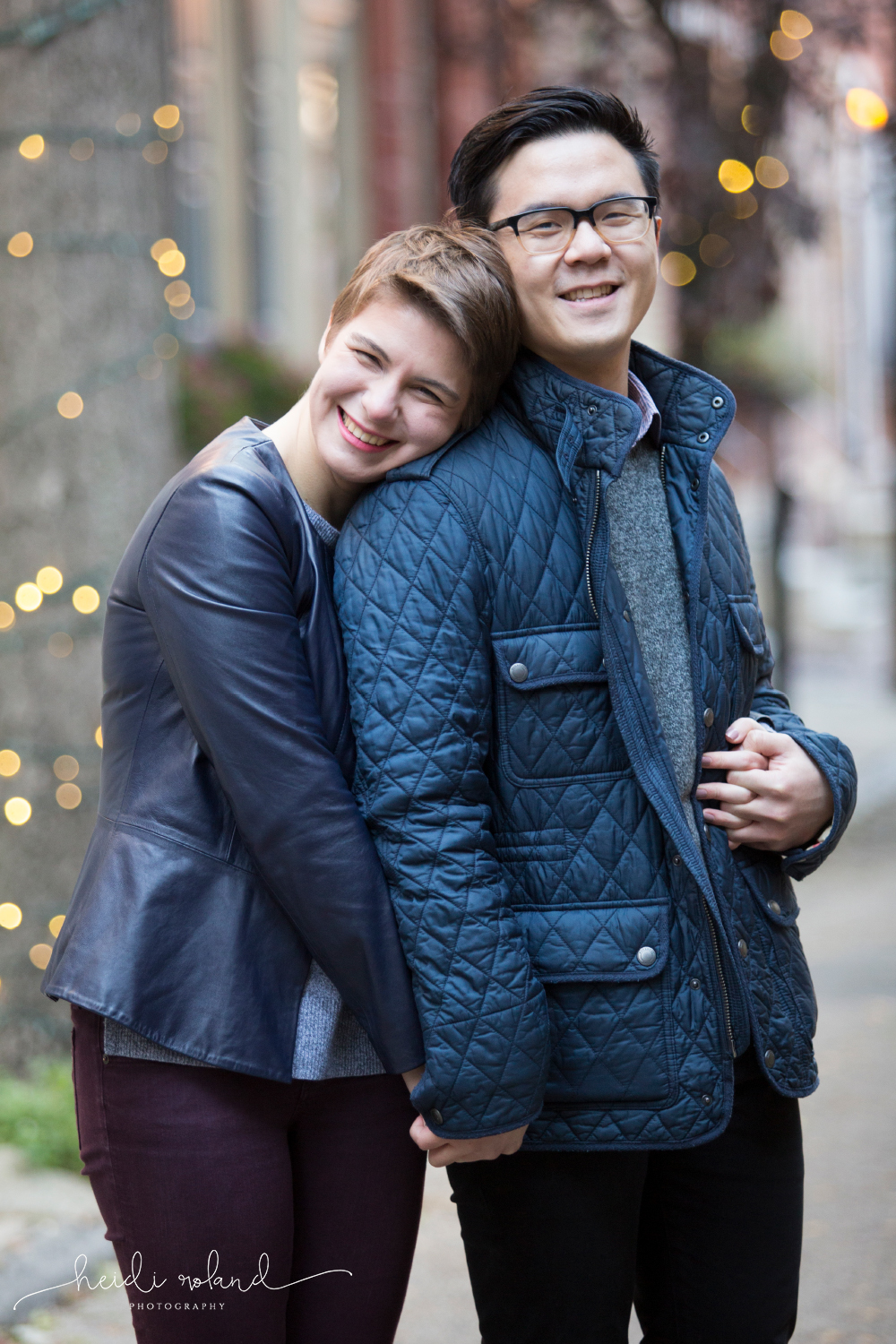 Tree lined and street with christmas lights engagement session in Philadelphia