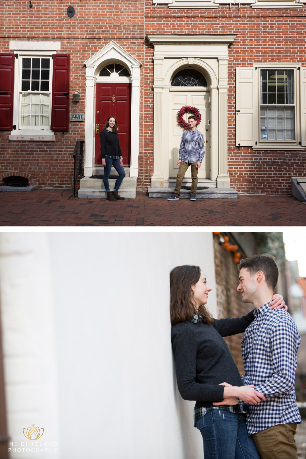 Holiday Engagement session couple stand in front of doors
