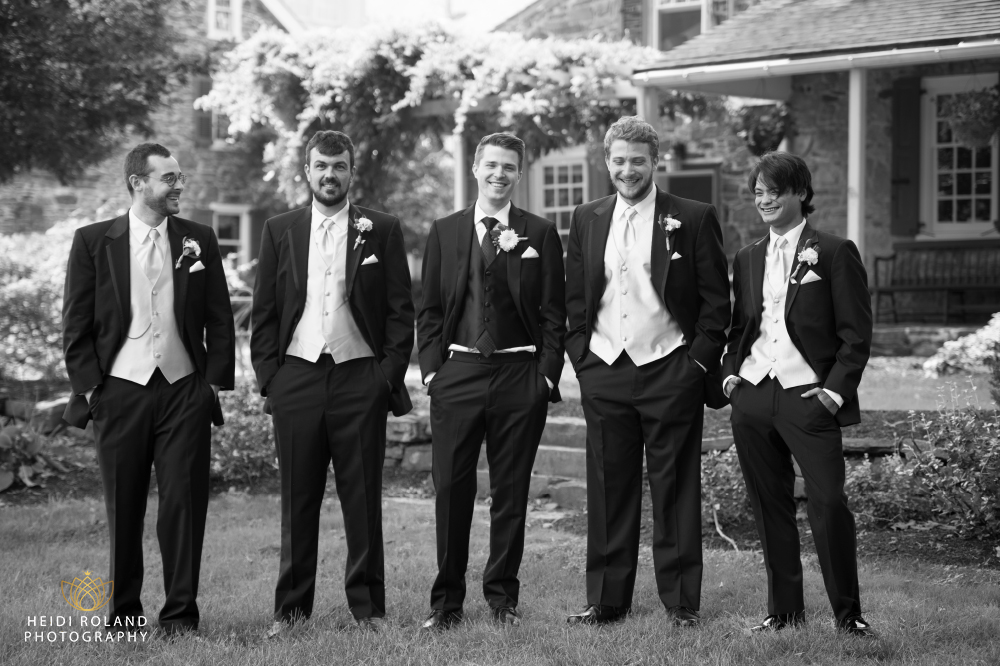 black and white groomsmen photo at Joseph Ambler Inn 