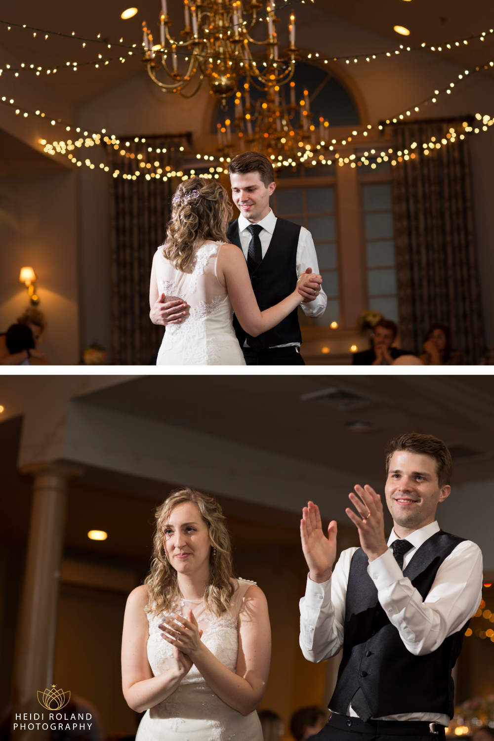 Bride and groom dancing with string lights at Joseph Ambler Inn 