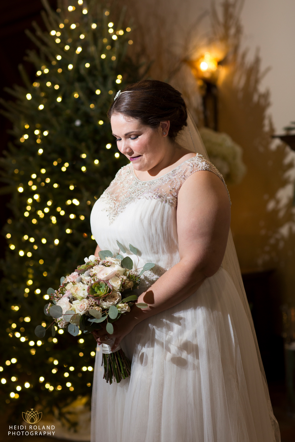 Bride in front of Christmas Tree