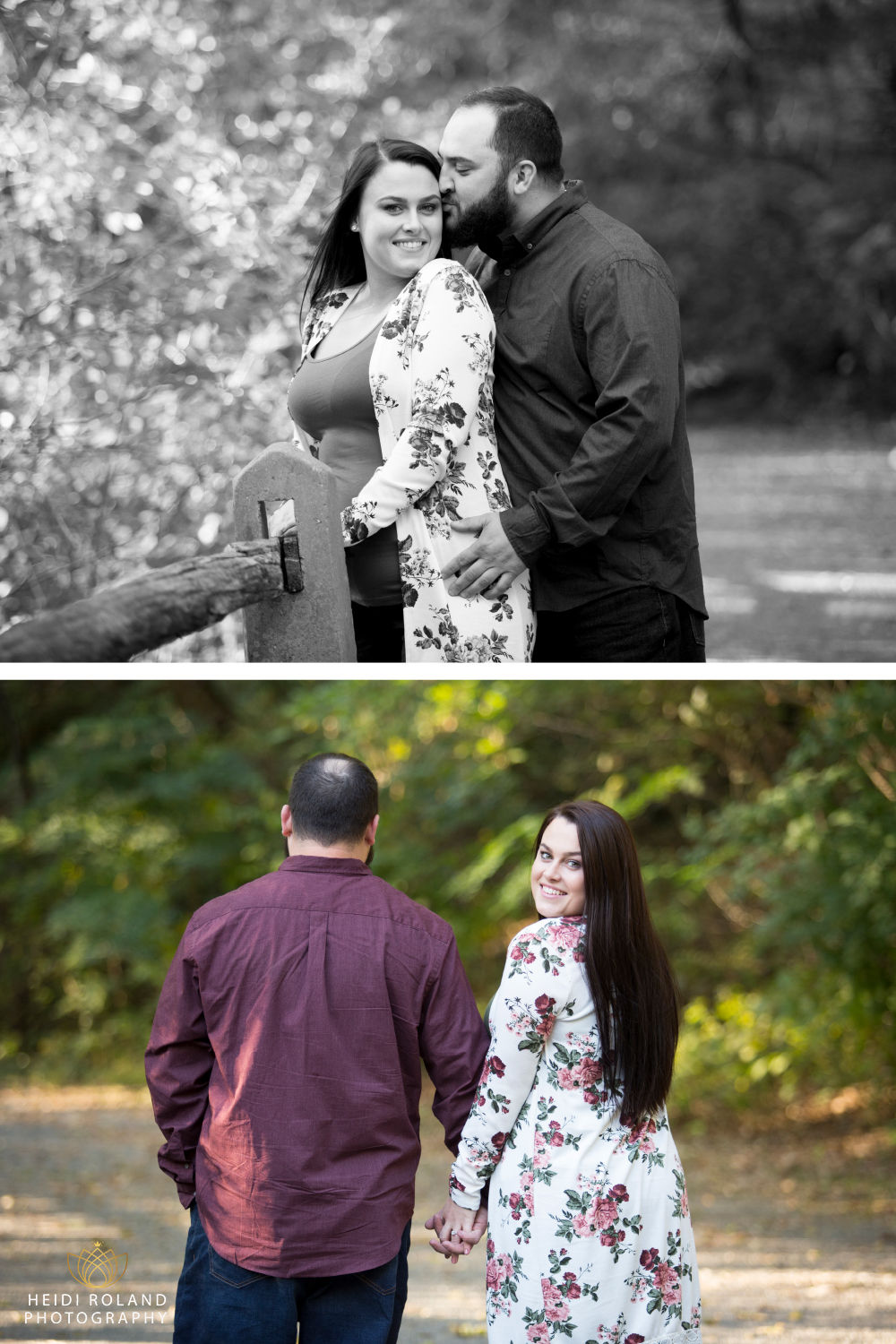 forbidden drive engagement session, couple smiling next to fence 