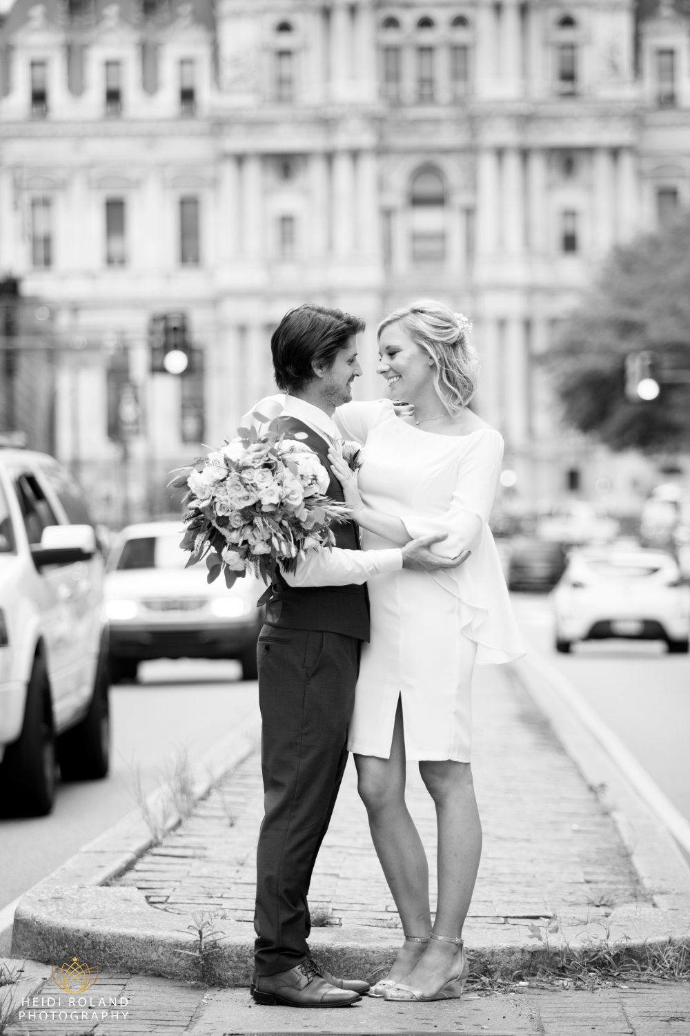 Bride and groom black and white wedding photo Broad street Philadelphia