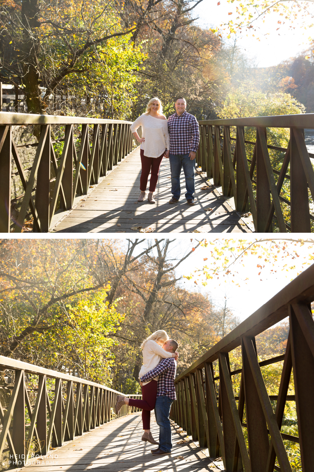 couple on a bridge in the woods Wissahickon Park 