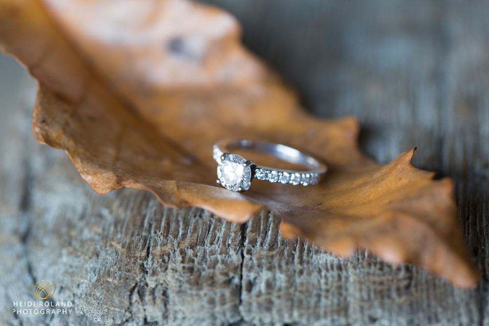 engagement ring on a fall leaf
