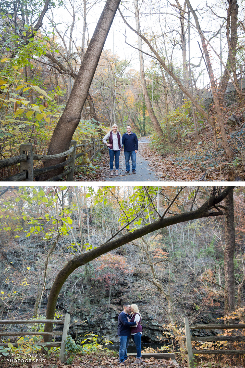 engaged couple walking in the fall woods PA