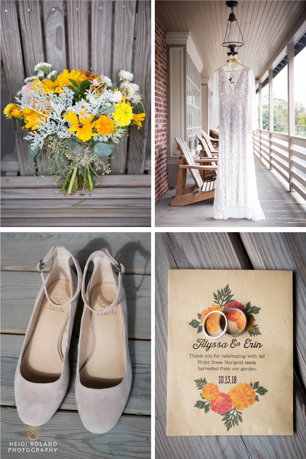 Wedding dress, homegrown bridal bouquet, flower seed favors