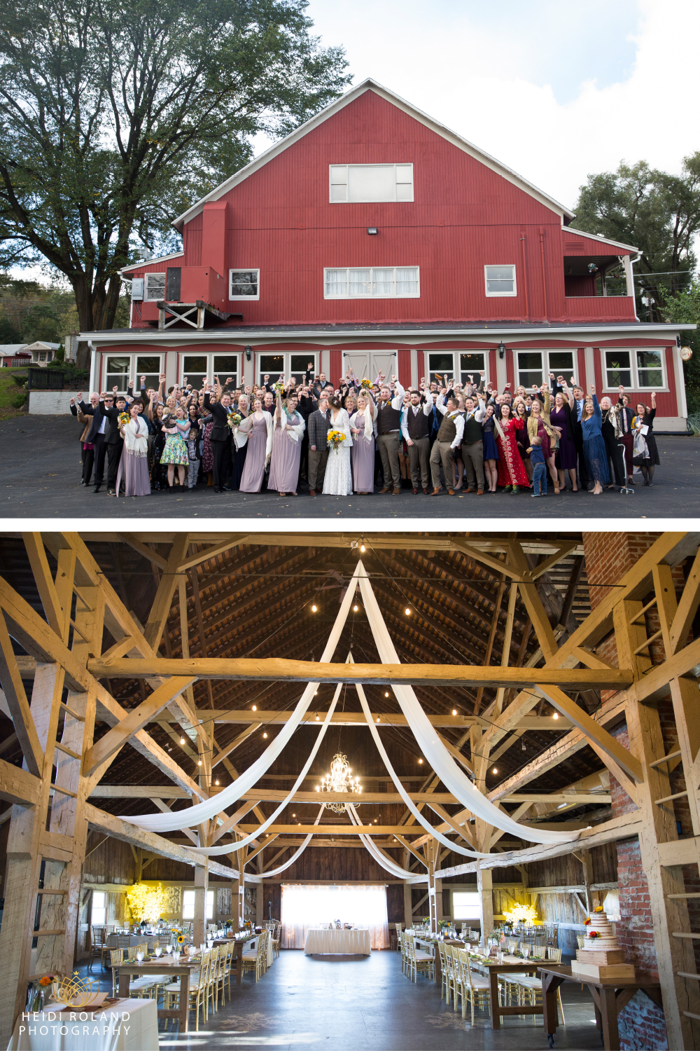 Photo of all wedding guests in front of red barn at memorytown 