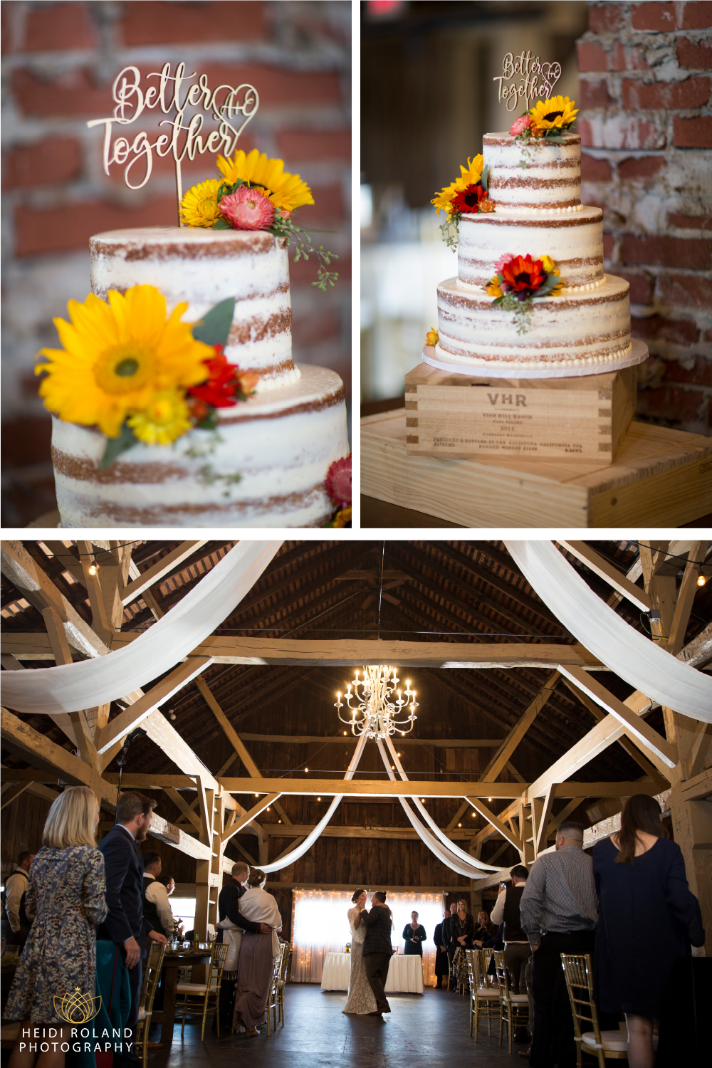 Wedding cake and first dance in barn reception 