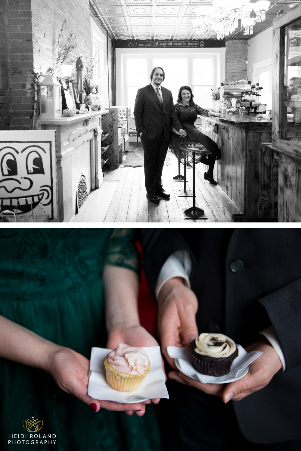 bride and groom eat cupcakes
