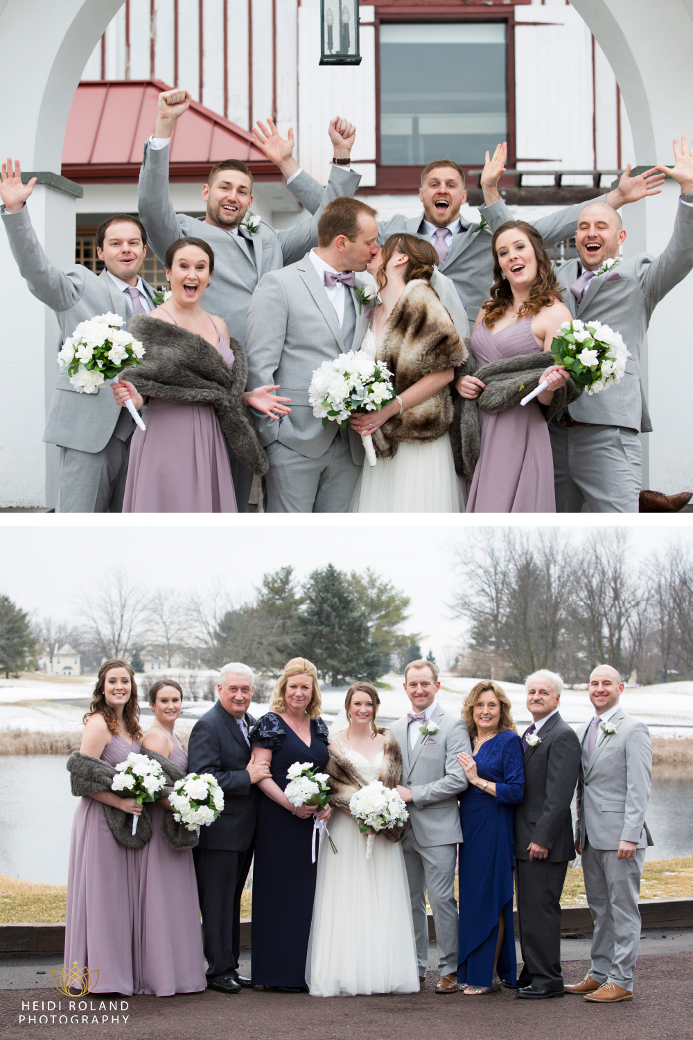 Wedding party photos purple and grey