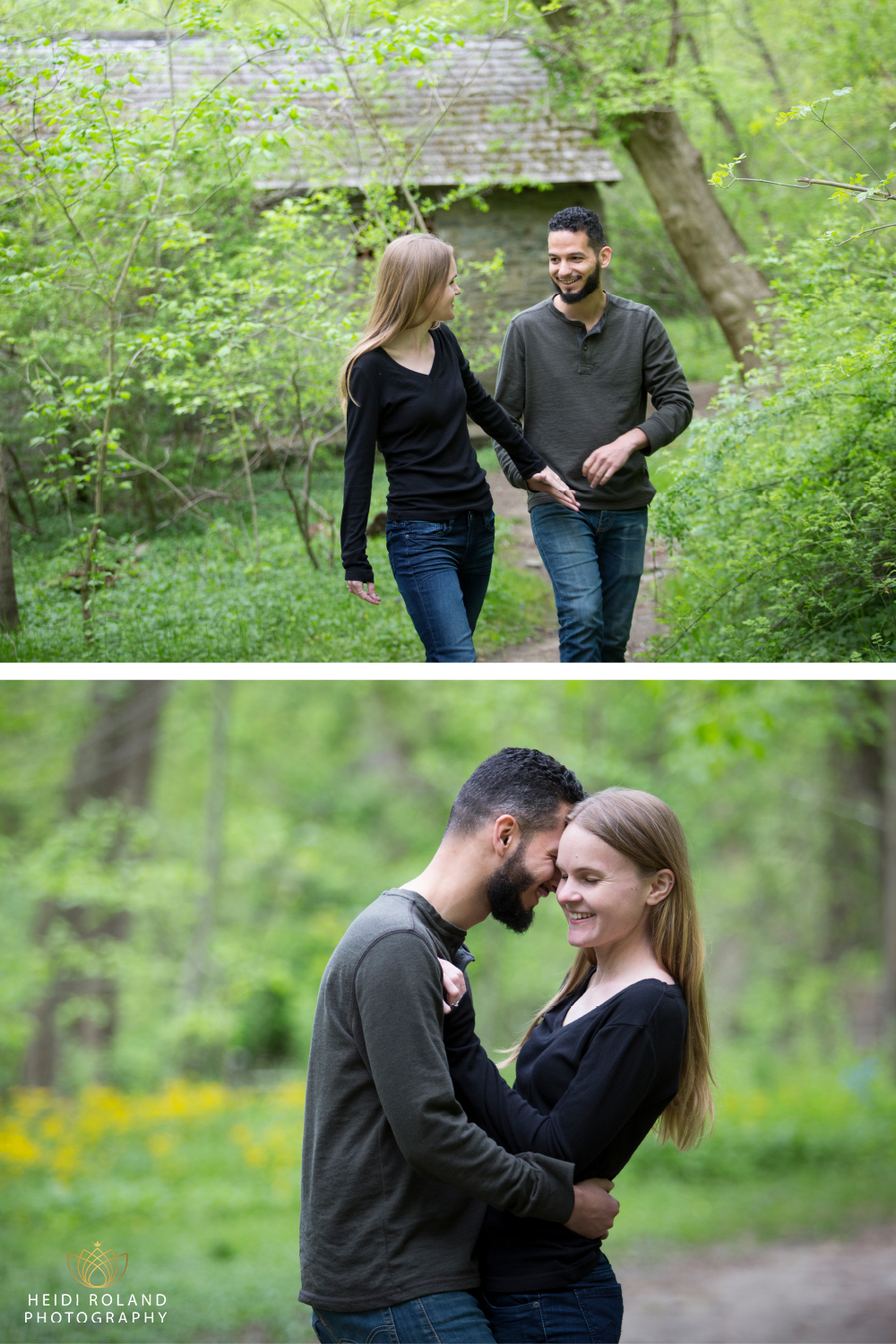 couple walking through the woods engagement photos