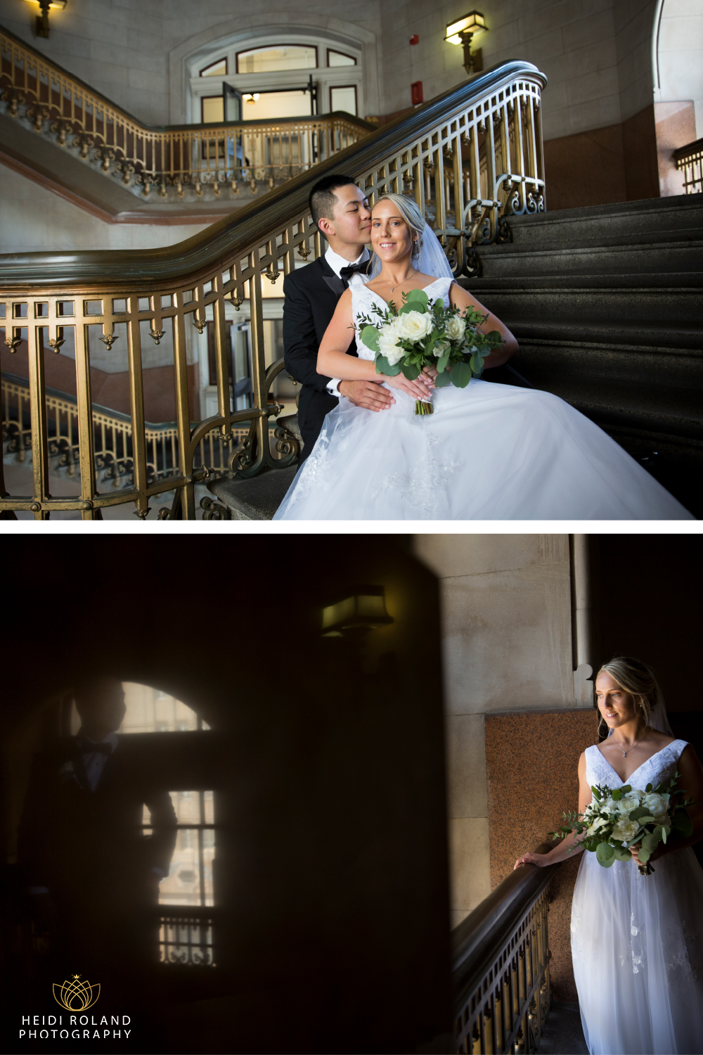 bride and groom sitting on stairs Philadelphia City Hall