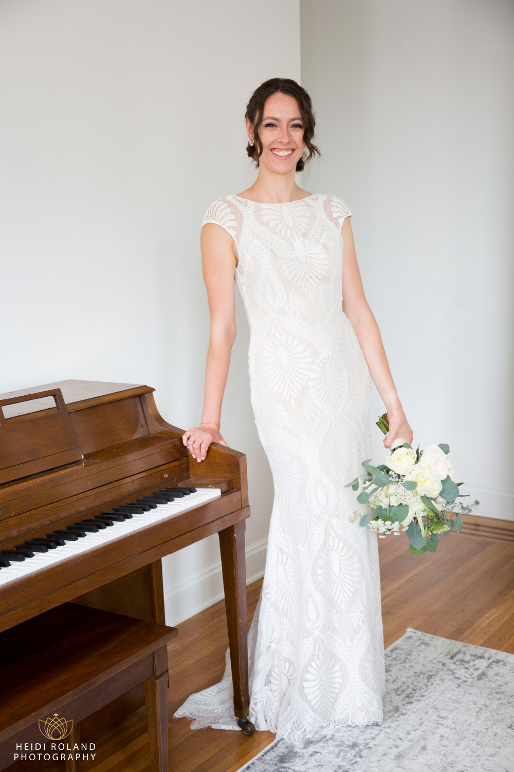 bride in  BHLDN dress and her piano