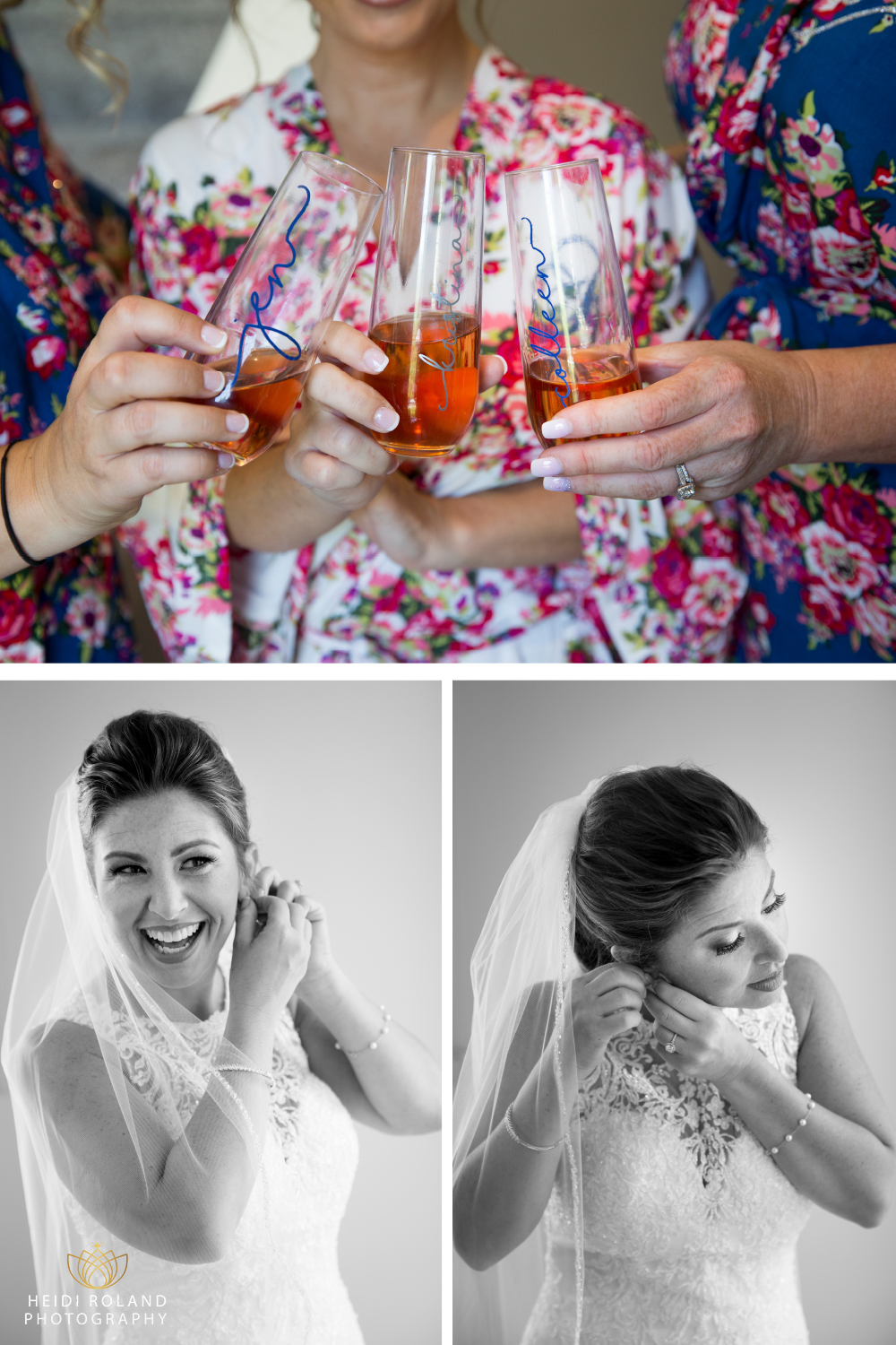 bride and bridesmaids with custom champagne glasses