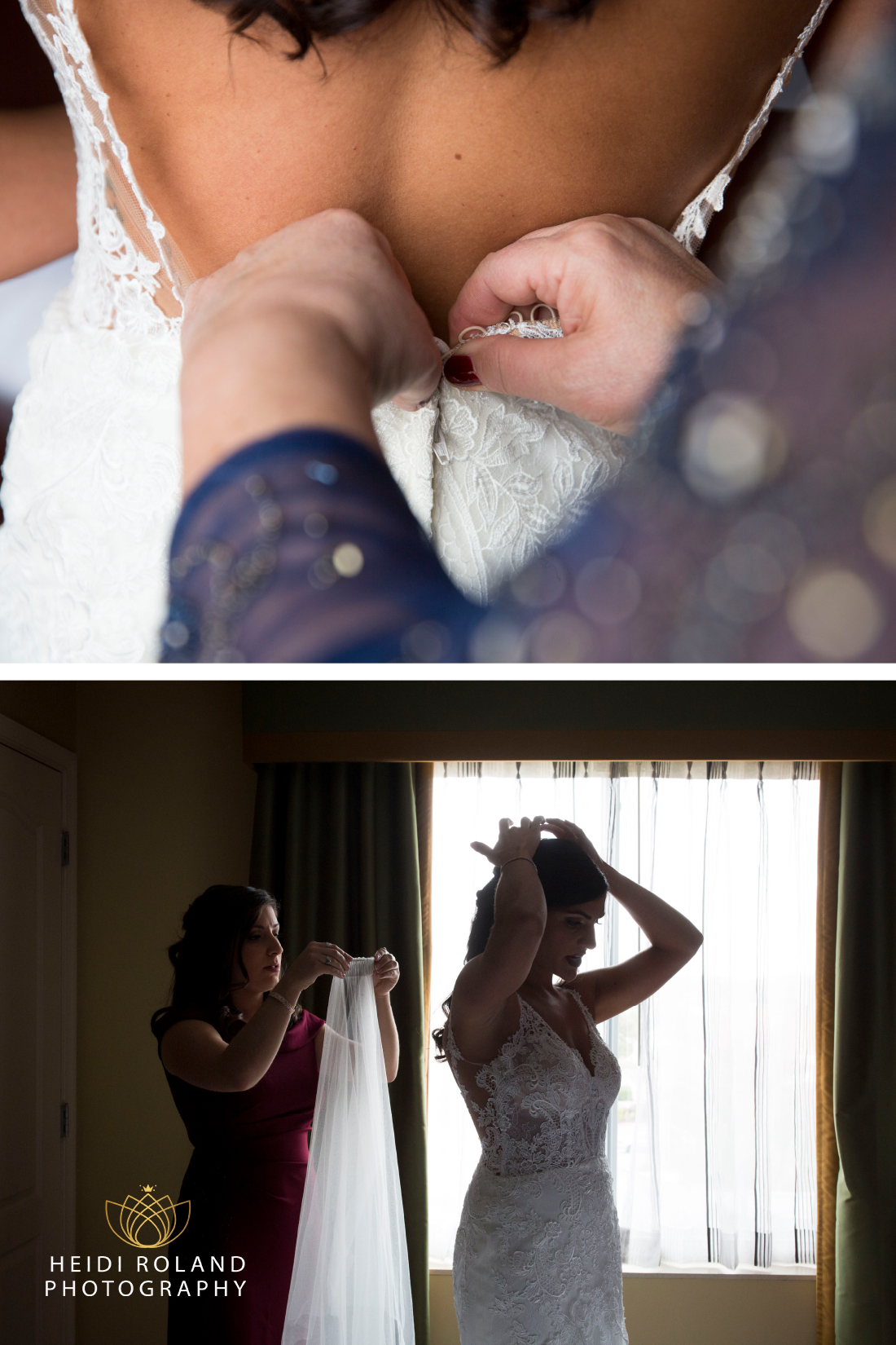 Bride putting on veil in hotel