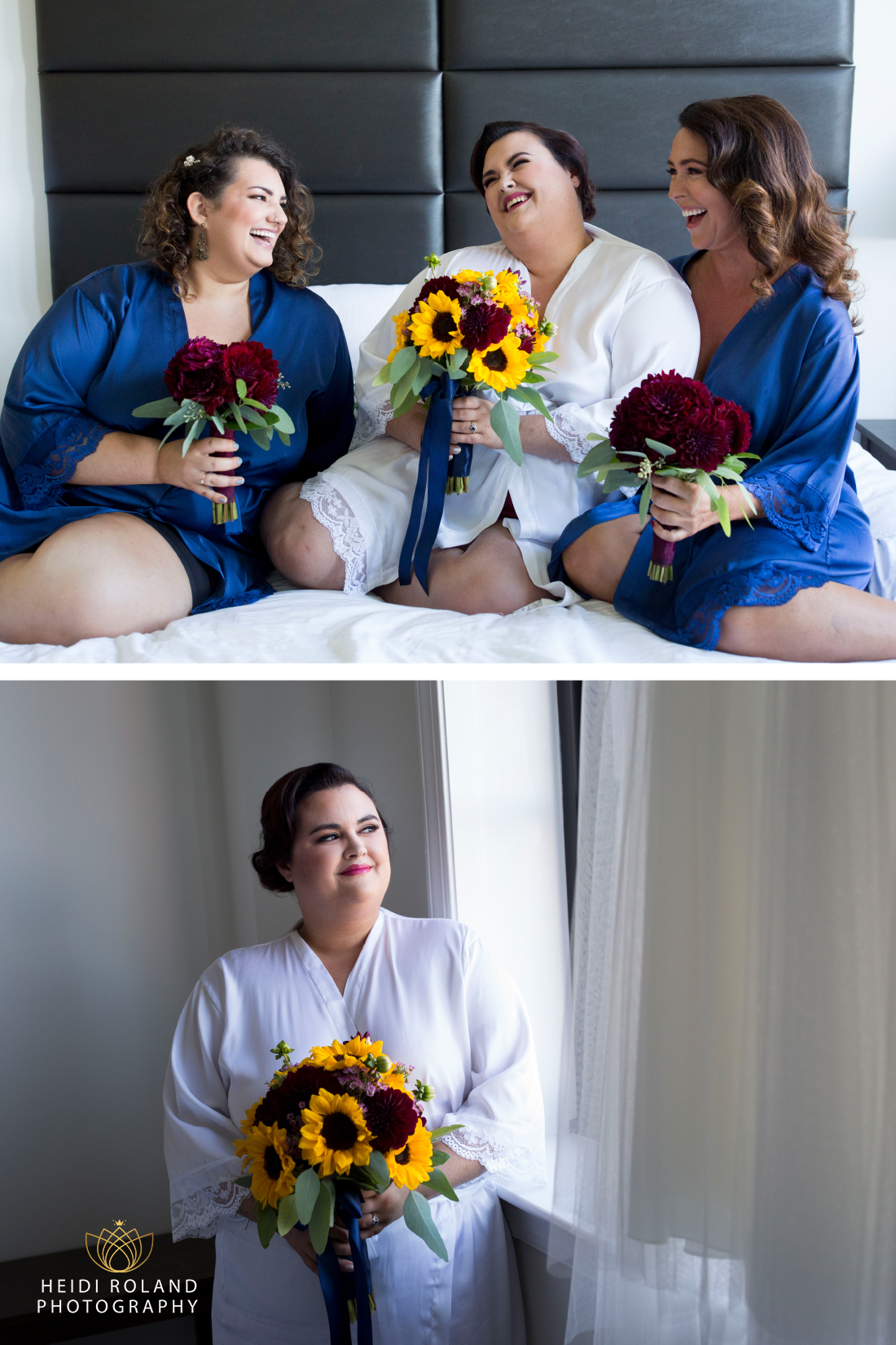 bride and bridesmaids in silk robes and sunflower bouquets