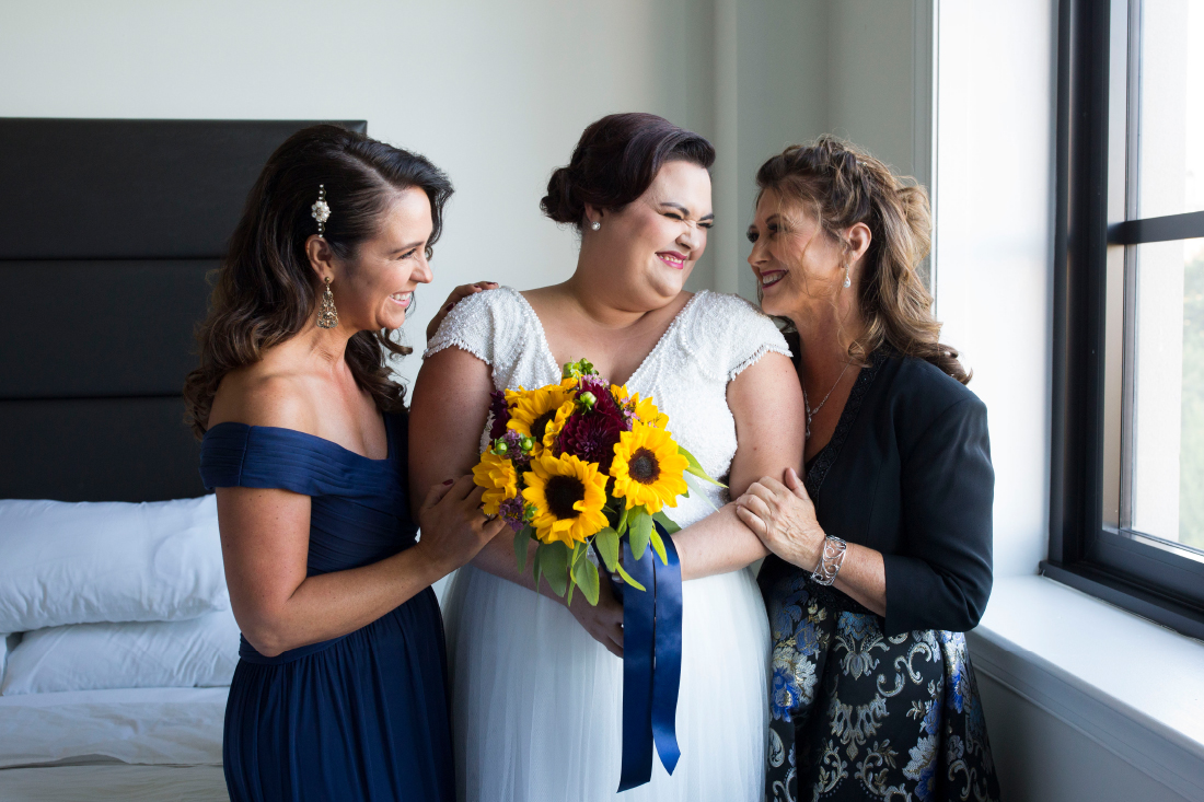 bride with mom and sister at small Philadelphia Wedding