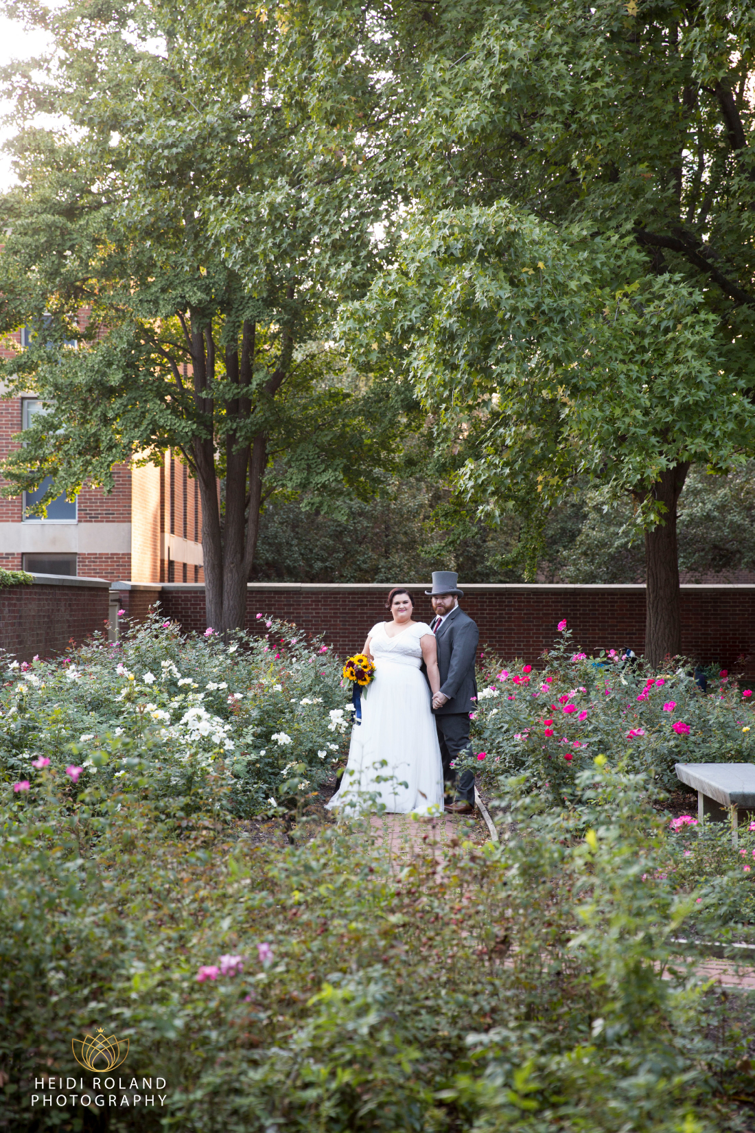 Wedding Day bride and groom in the Rose Garden Philadelphia PA
