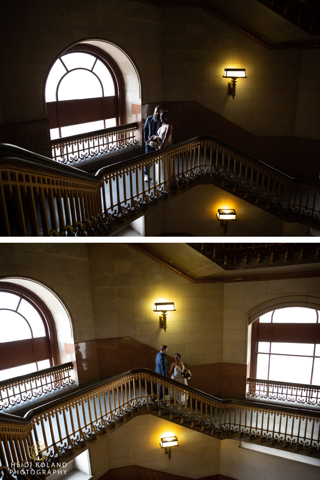 Bride and groom in Philadelphia City Hall staircase