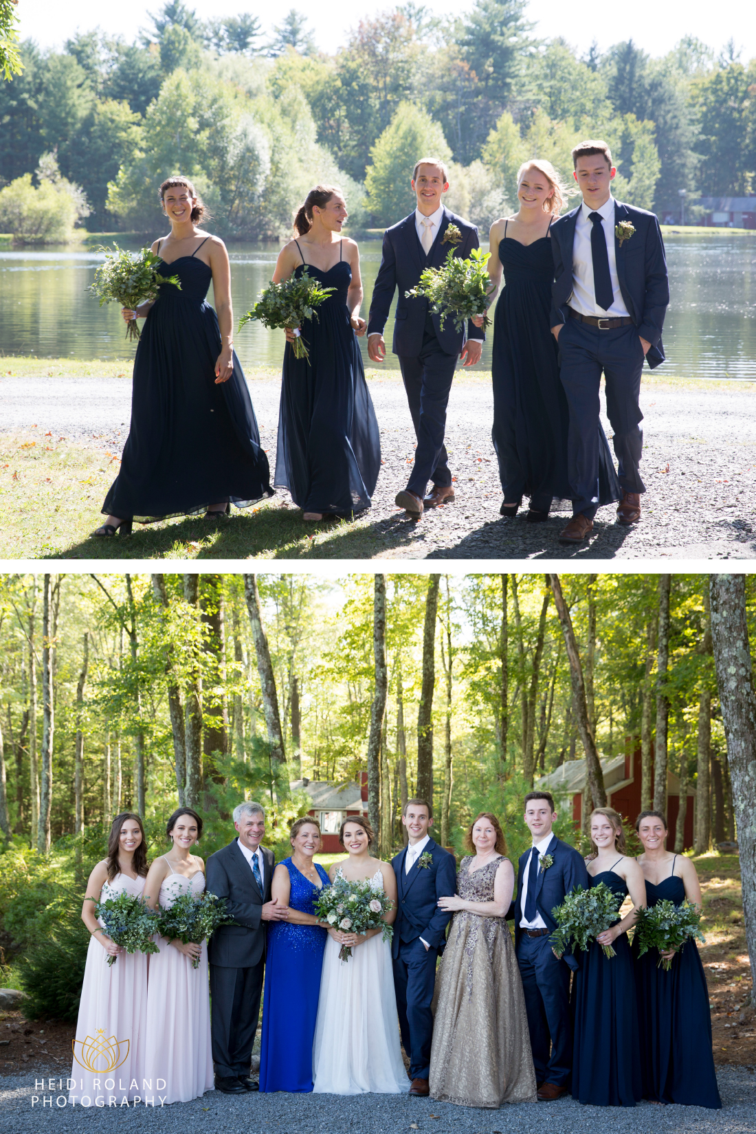 family photos on wedding day in nature