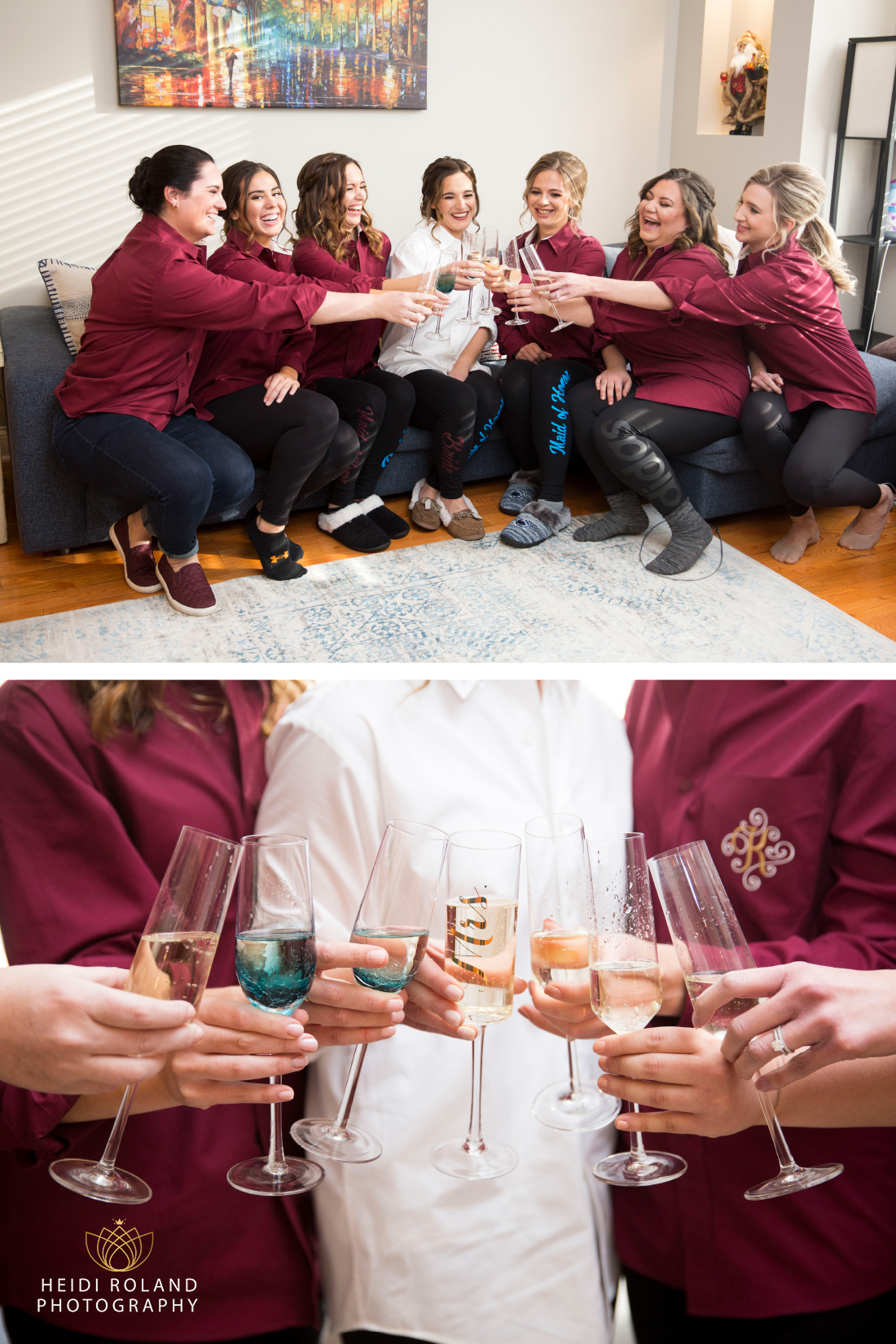 bridesmaids getting ready with champagne toast 