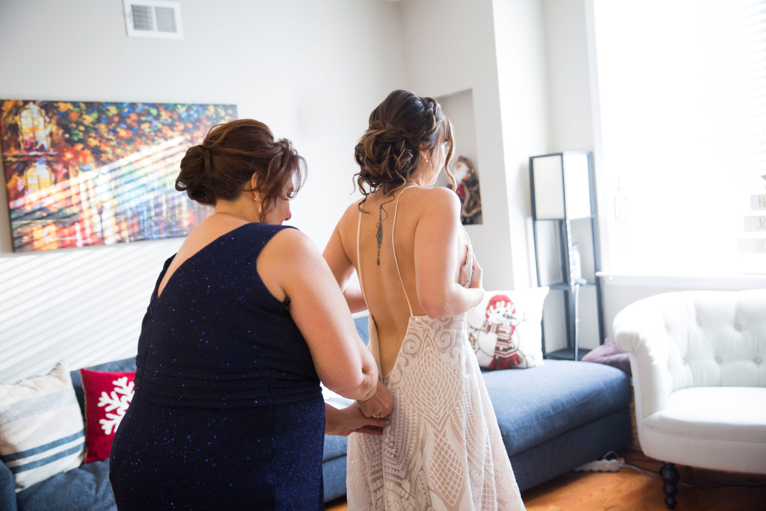 Bride and mom getting ready for small philly wedding