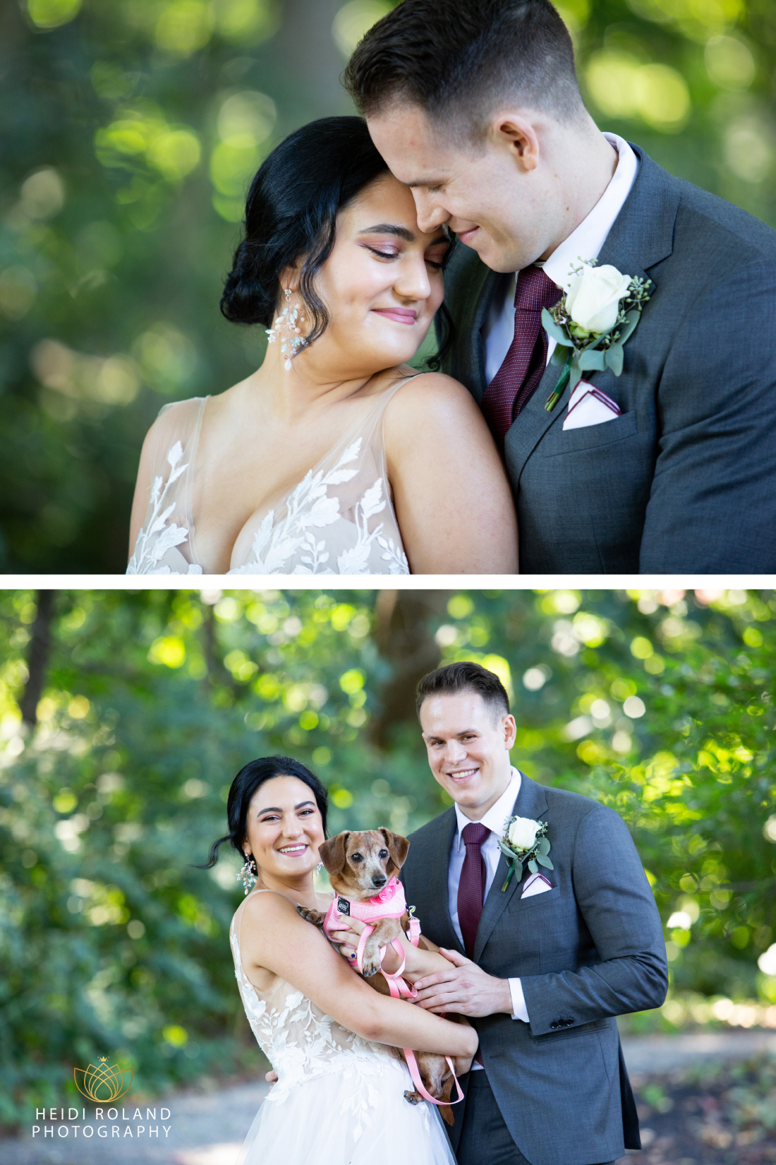 Bride and groom with dog by Heidi Roland Photography