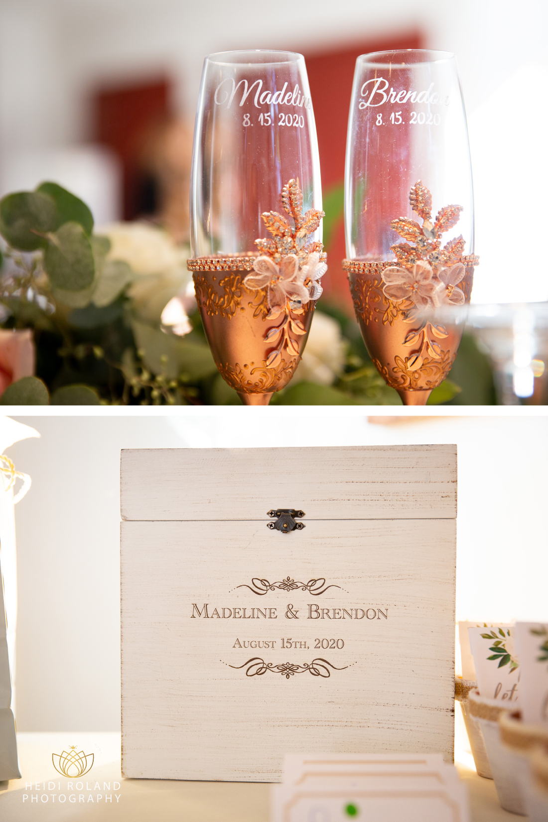 Ridgeland Mansion Wedding reception details custom champagne glasses