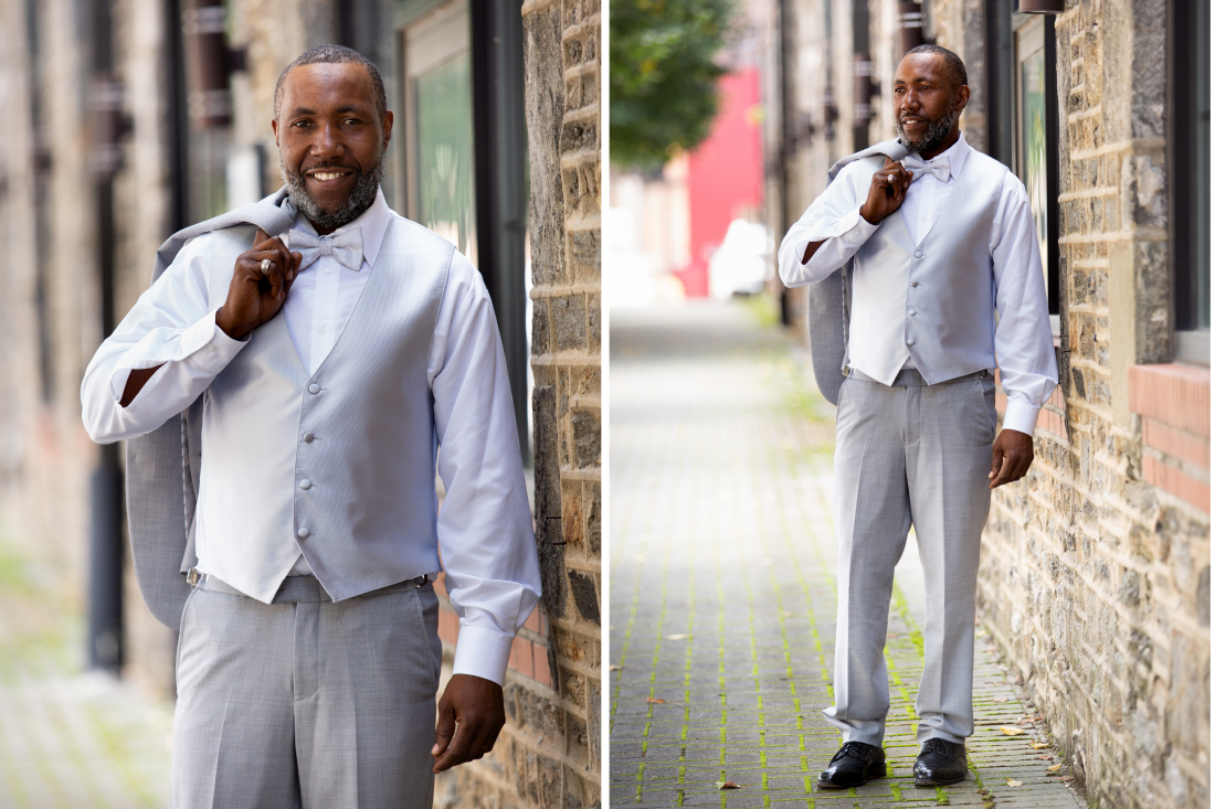 groom portait men's wearhouse grey suit