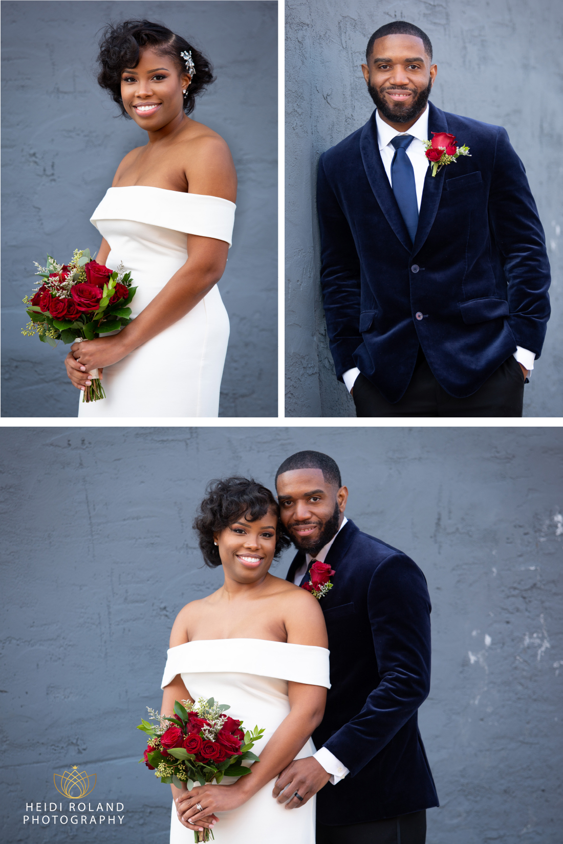 Groom in blue suit and bride with roses