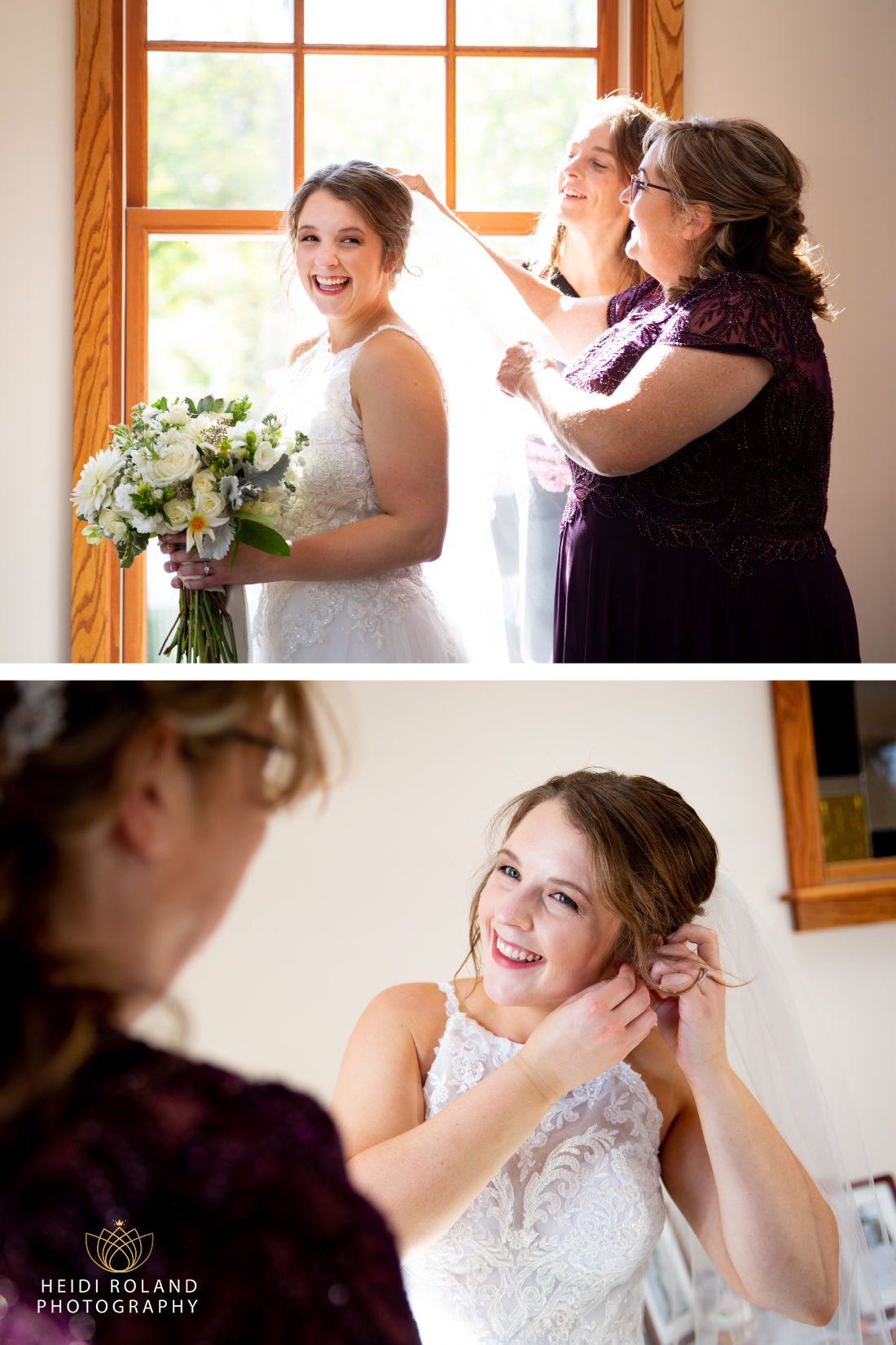mother and sister help bride get ready veil and earrings