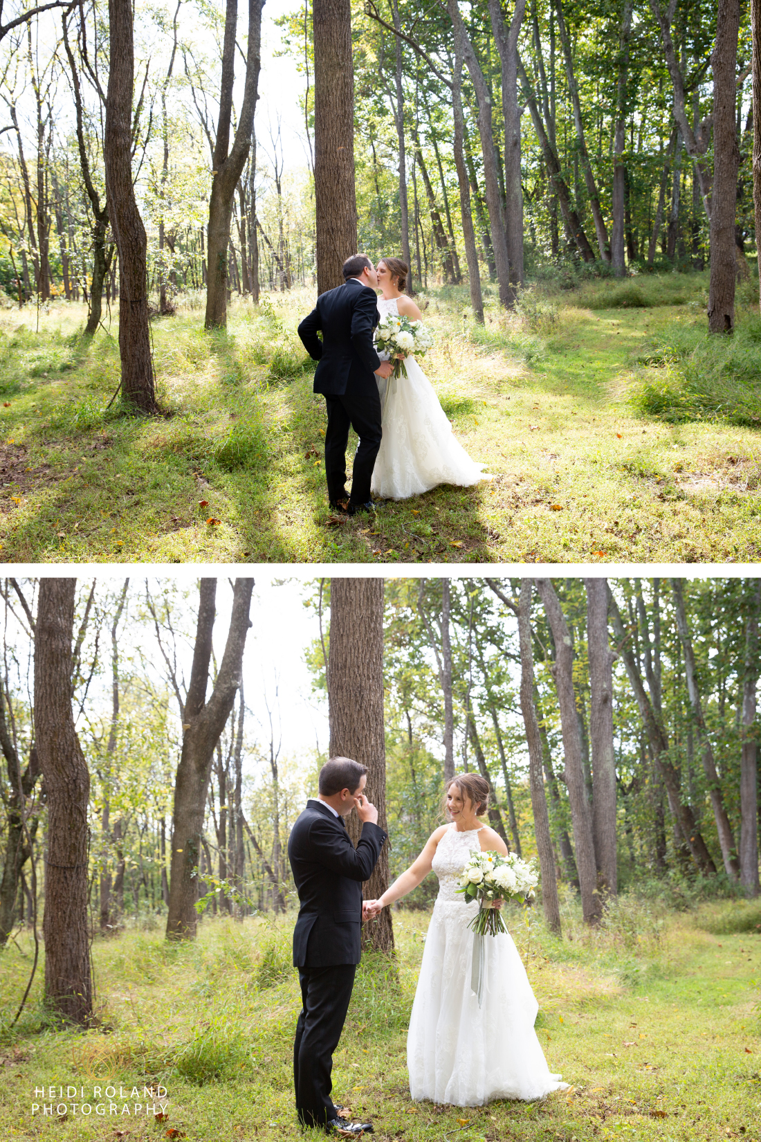 bride and groom first look in the woods