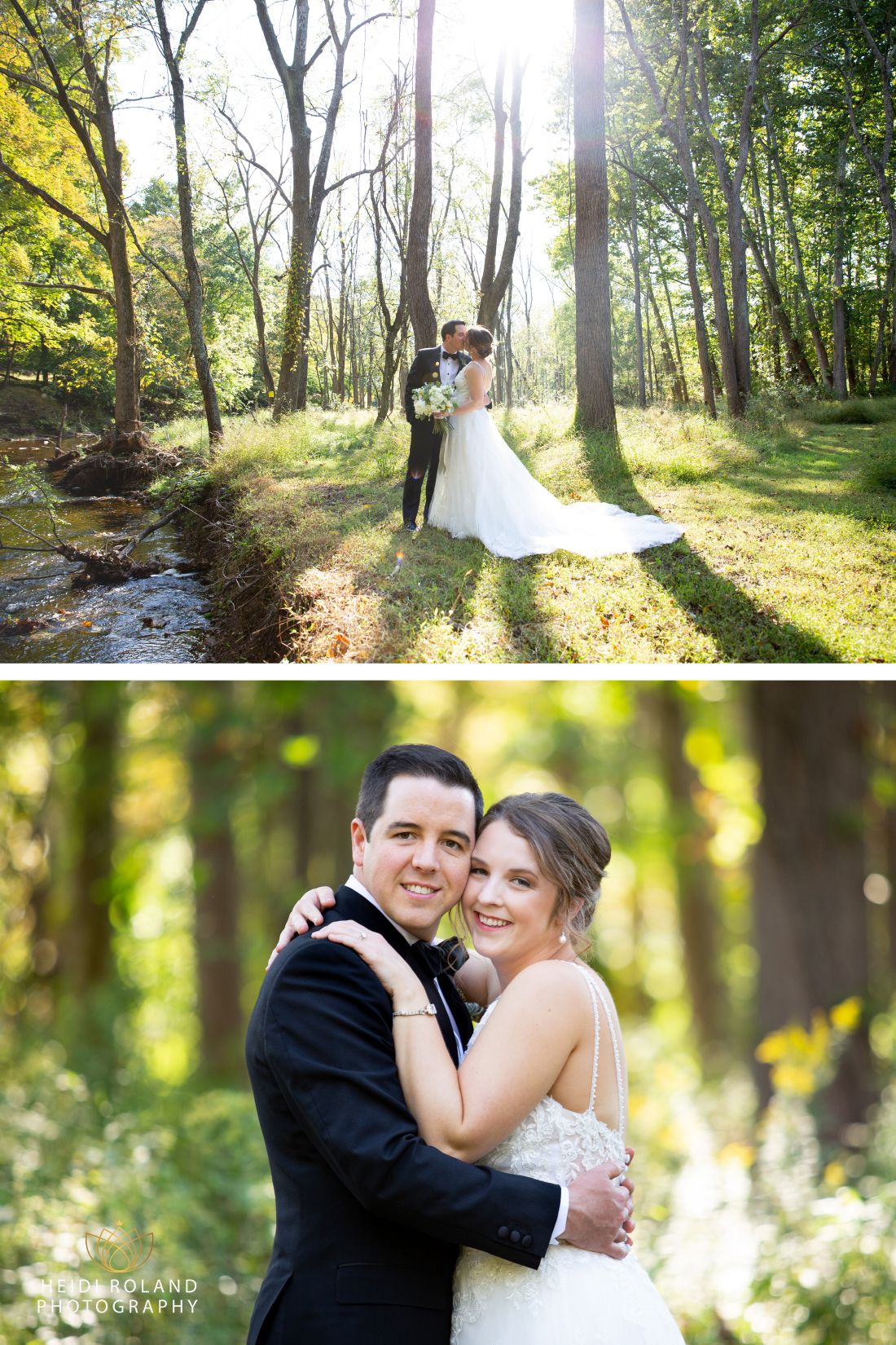 bride and groom in the woods by a river