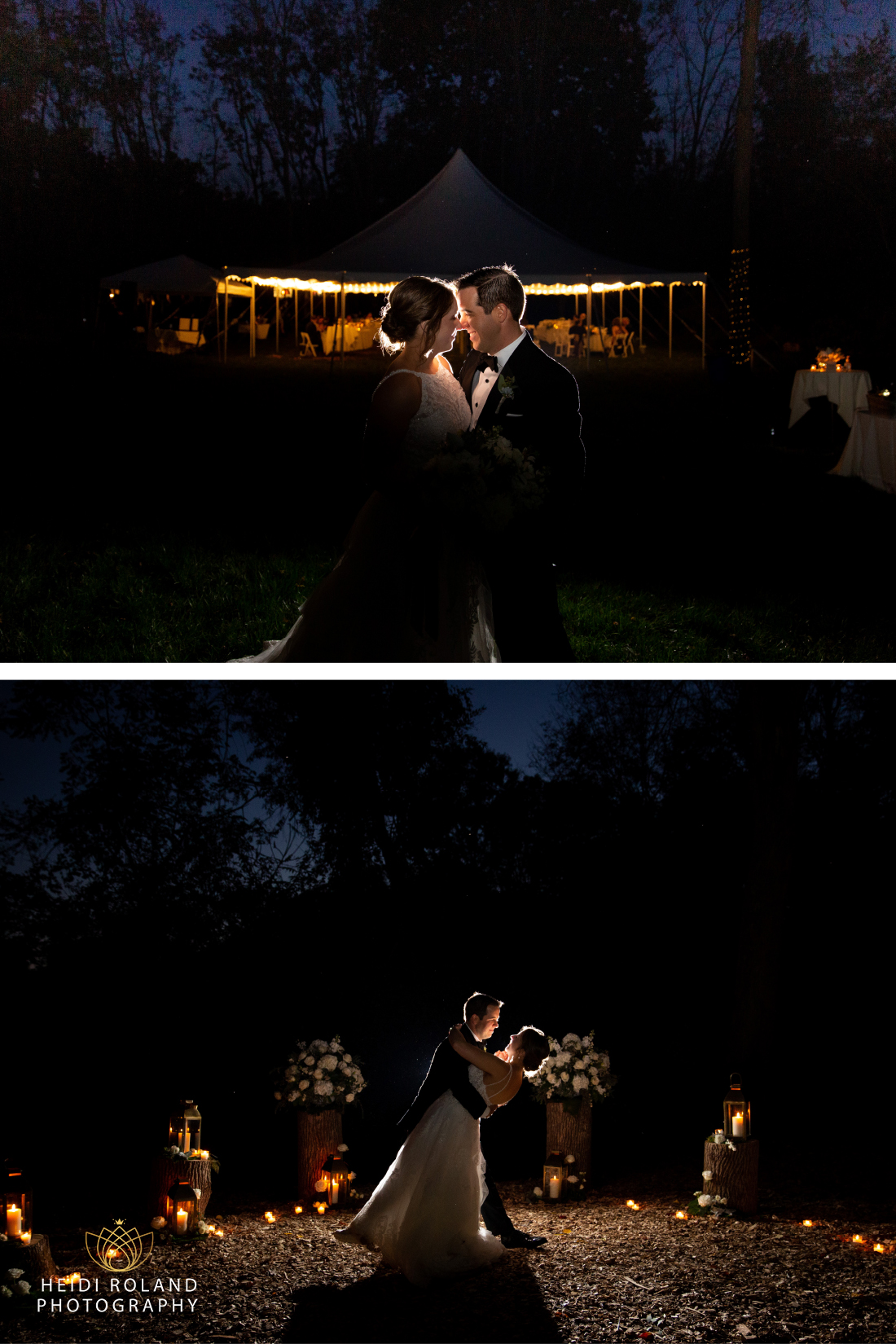 backlit night photo of bride and groom