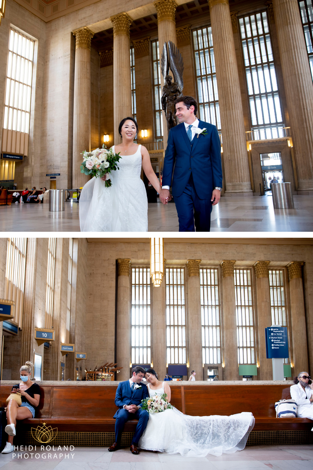 bride and groom on bench inside 30th street station Philadelphia by Heidi Roland Photography