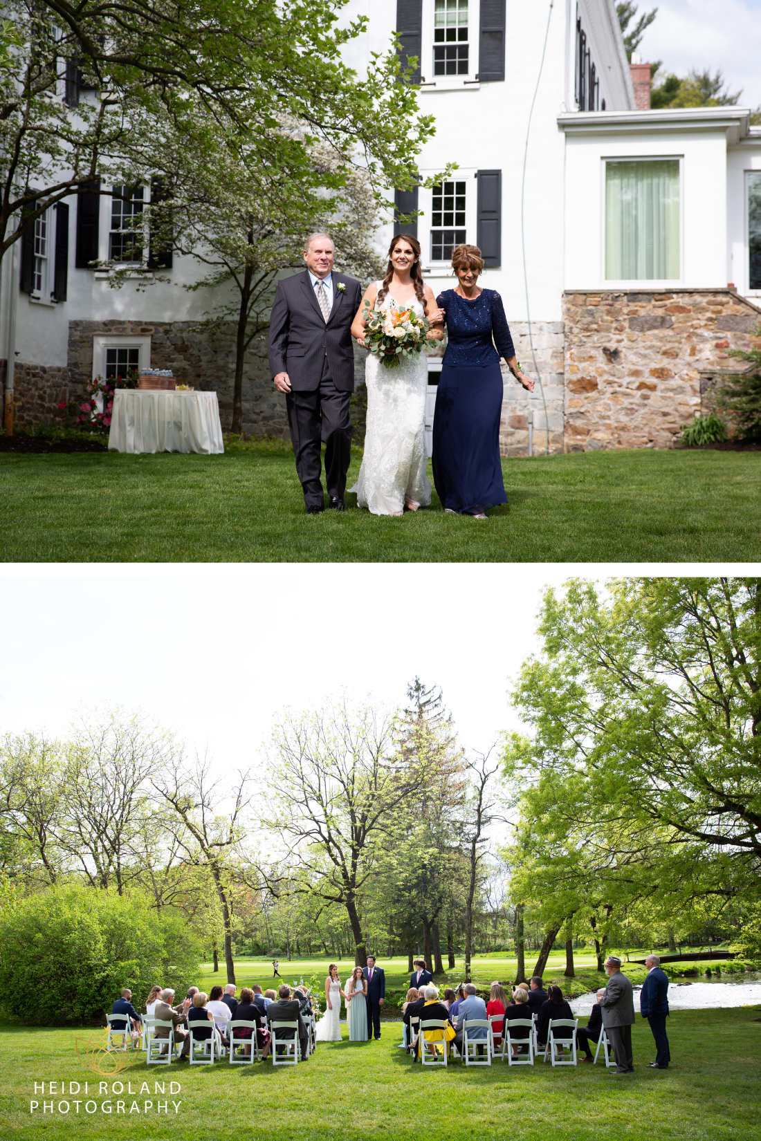 bride walking down aisle outside Saucon Valley Country Club wedding