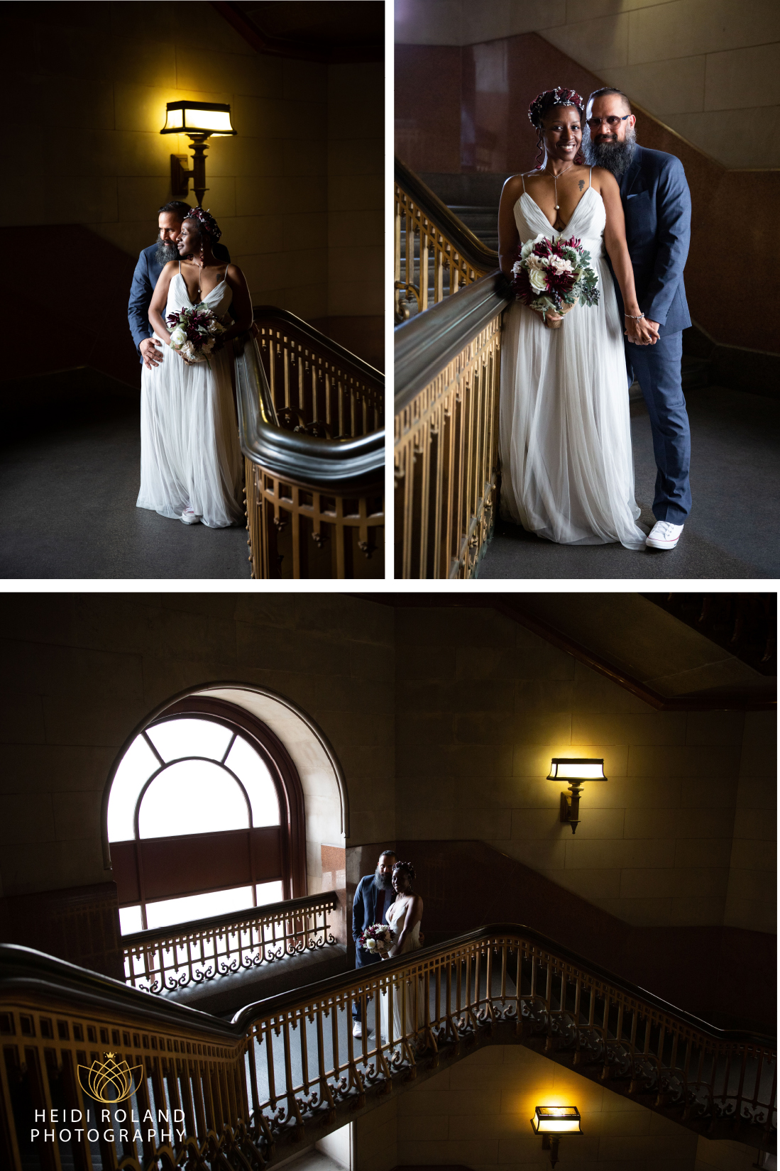 bride and groom in stairway at Philadelphia City Hall